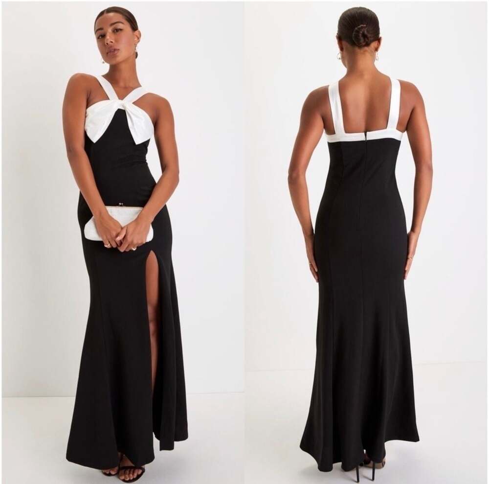 Lulus Luxurious Outlook‎ Black and White Bow Mermaid Maxi Dress